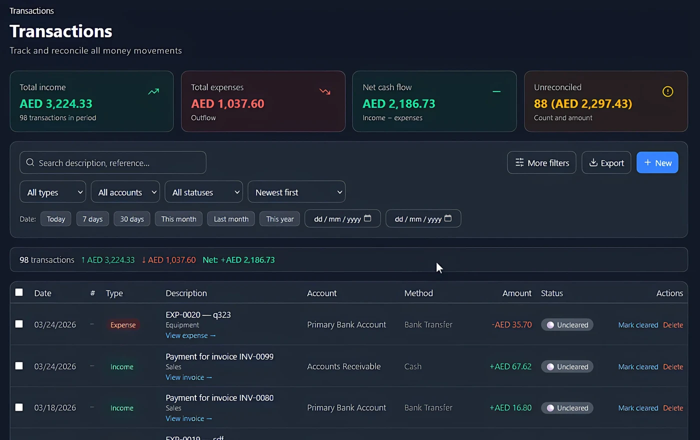 Nastrum Books bank accounts overview showing AR, AP, and individual account balances