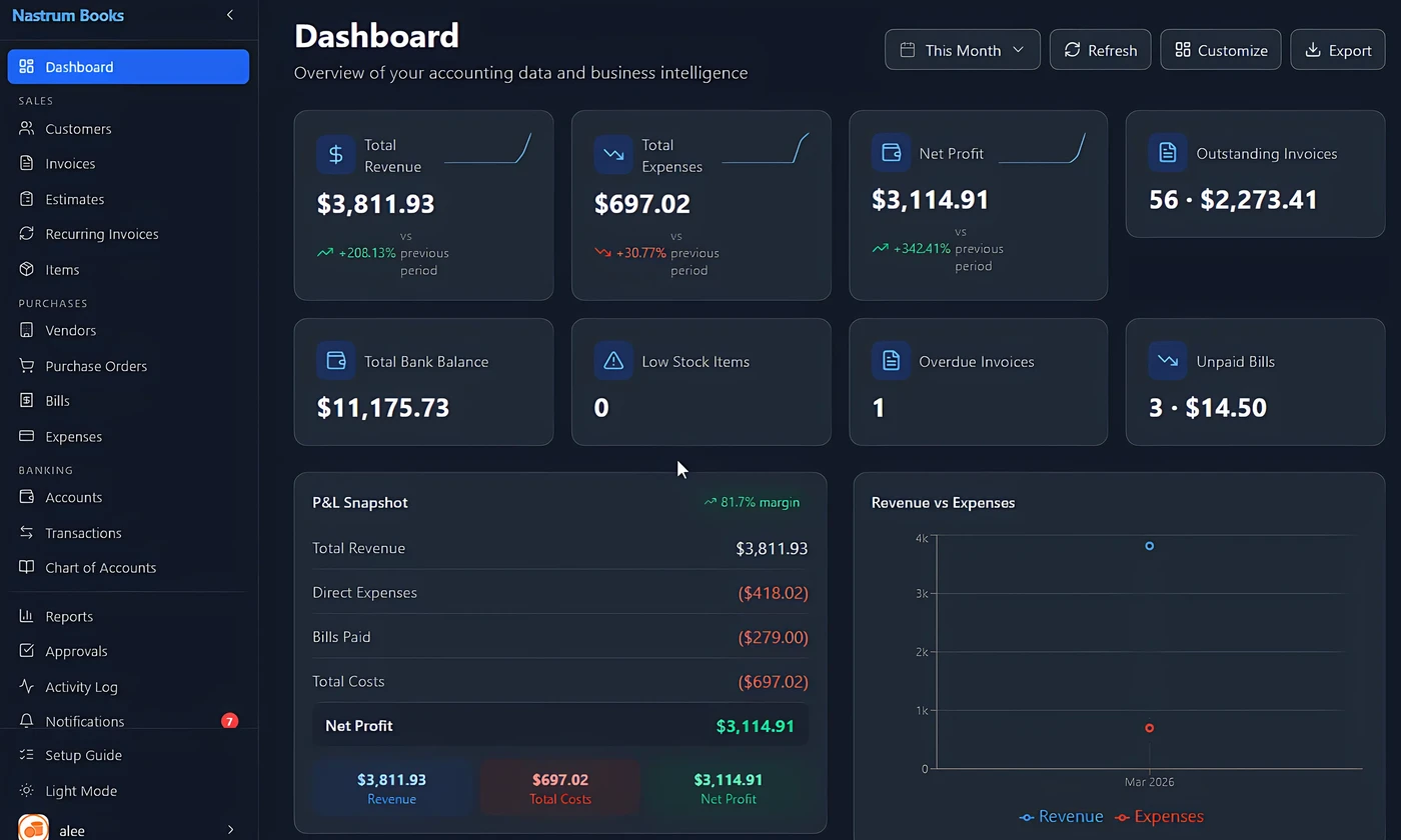 Nastrum Books dashboard showing dark mode accounting interface