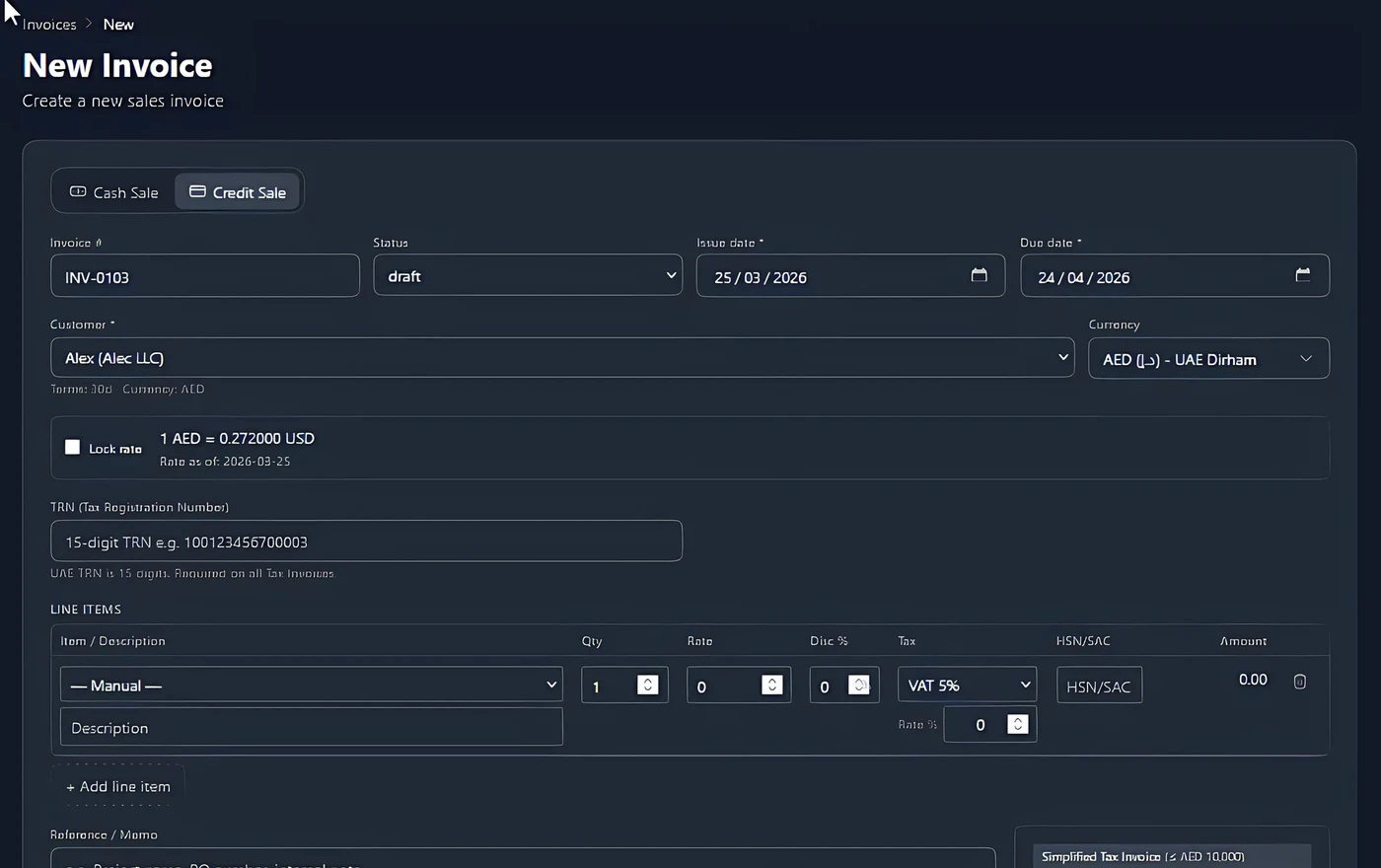 Recurring invoices list in Nastrum Books showing active schedules with daily frequency and AED amounts